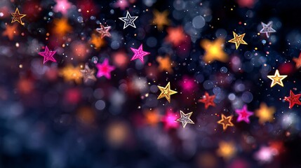 Multicolor stars bokeh background close up festive glitter lights defocused sparkle abstract backdrop for holiday cards web banners social media headers and copy space