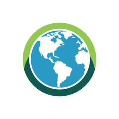 Fototapeta premium Earth globe icon with green and dark blue rings on white background Keywords: earth, globe, world, planet, map, continents, South America, North