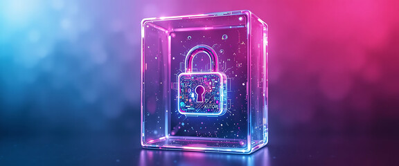 Cyber lock floating in luminous cube glass, pink-purple-blue blended gradient, clean shimmer glow, abstract security style.