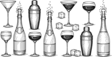 Vintage barware illustration with martini glasses, wine goblets, champagne bottles, cocktail shakers, ice cubes — classic mixology drinkware set
