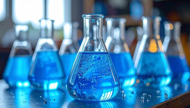 Erlenmeyer flasks with vibrant blue liquid and bubbles on reflective surface in laboratory setting for editorial science imagery chemistry experiments and educational visuals