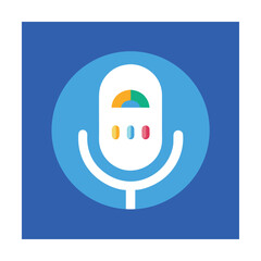 Flat microphone icon with colorful sound waves and dots on blue circle background