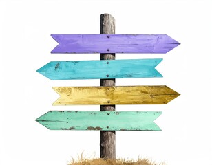A wooden post holds colorful arrow signs, each pointing a different direction