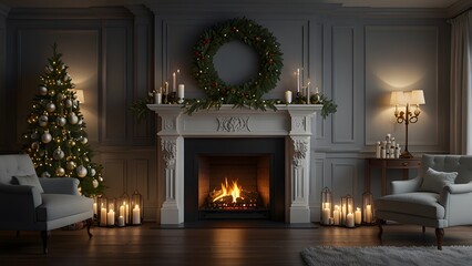 A cozy living room with a fireplace decorated with lit candles, a christmas tree, and a wreath, creating a peaceful and festive atmosphere. Christmas concept