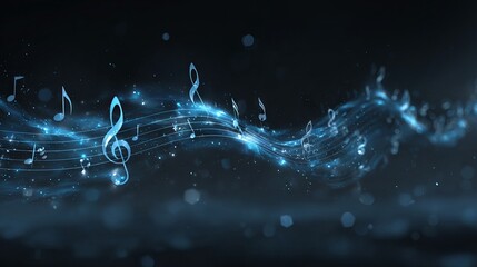 Dark blue abstract background with floating music notes and soft bokeh glow, elegant banner design for concerts, playlists, podcasts, web headers, social media, copy space wallpaper