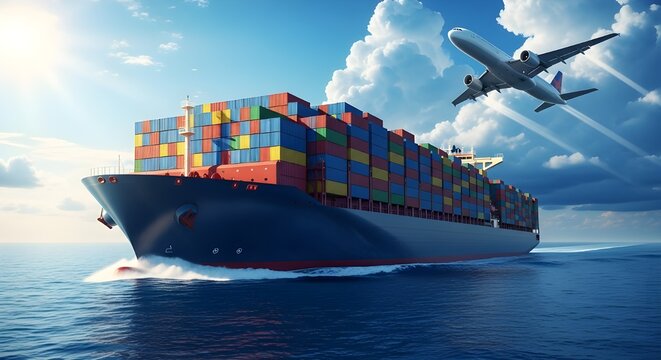 Digital art, vivid colors, dynamic composition, a big container ship loaded with bright shipping containers, and a commercial jet soaring overhead in a hazy blue sky - Powered by Adobe