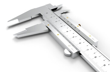 Precise metal caliper with detailed measurement markings on white background - 3D rendering
