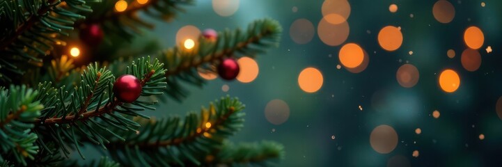 Warm, glowing lights adorn vibrant pine branches, a perfect holiday scene , decoration, gold