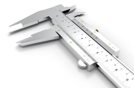 Precise metal caliper with detailed measurement markings on white background - 3D rendering