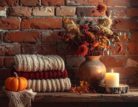 Fototapeta Jesienna aranżacja z bukietami z traw i kwiatów, ubraniami z wełnianej tkaniny, świecami, dyniami, ścianą z czerwonej cegły i drewnianym blatem