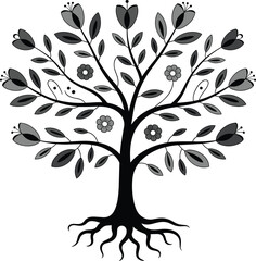 Stylized black and gray tree with roots and flowers on white Keywords: tree, stylized, graphic