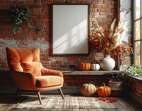 Fototapeta Wnętrze ze ścianami z czerwonej cegły w jesiennej aranżacji