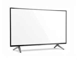 Angled shot of a modern, flat-screen TV with blank white screen, set on angled legs