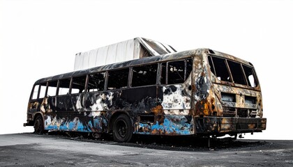 Burnt-out, charred bus on a white background, displaying significant fire damage