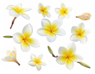 Naklejka premium Nine blossoms with white petals, yellow centers, and buds, on a white backdrop