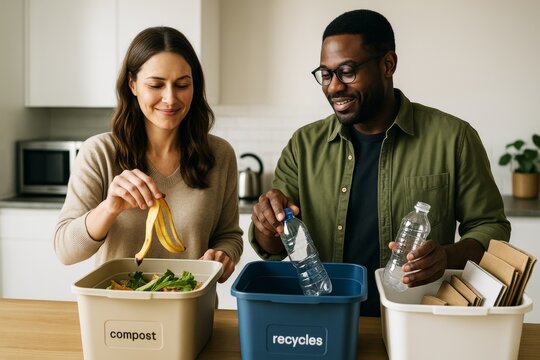 Couple sorting kitchen waste into compost, recycling, and paper bins at home with smiles and teamwork on a light background. Ai generative. Ai generative