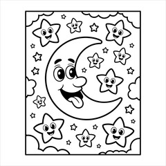 Cute Moon and Stars Coloring Page Vector, Cartoon Night Sky Illustration for Kids, Smiling Moon with Happy Stars Coloring Book Page, Fun Printable Vector for Children, Cartoon Moon and Stars Line Art.
