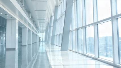 Bright empty modern office hallway with sunlight and glass windows representing architecture, workplace design, minimalism, and futuristic corporate environment