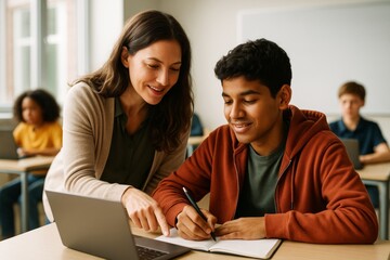 Obraz premium Teacher helping smiling teenage student with homework in classroom filled with natural light and students working in the background. Ai generative