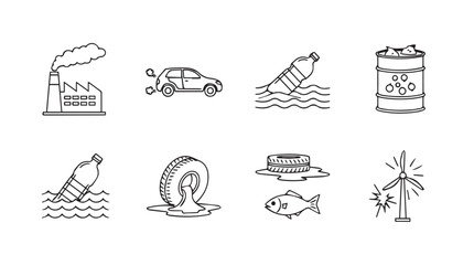 Environmental pollution icons depicting industrial waste water car trash fish and oil spills vector
