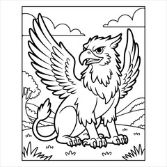 Griffin Coloring Page Vector, Mythical Creature Line Art for Kids and Adults, Fantasy Griffin Coloring Book Illustration, Legendary Beast Printable Vector, Mythical Gryphon Coloring Sheet.