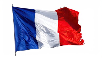 Waving tricolor flag with vertical blue, white, and red stripes against white