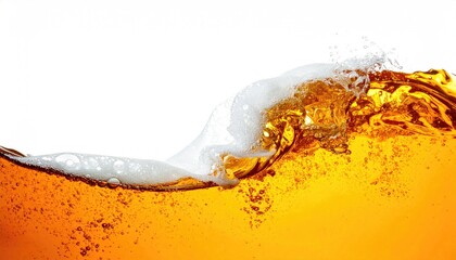 Close-up of golden liquid with frothy white crest, against white background