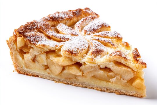 A golden-brown apple pie slice, dusted with powdered sugar, showcasing a lattice crust and visible apple filling against a white background