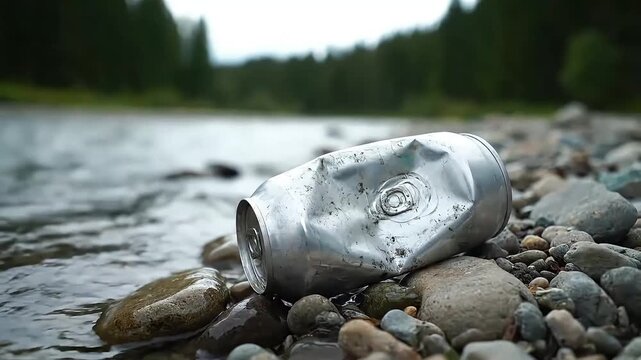 Crumpled aluminum can littering a pristine riverbank with water flowing over rocks highlighting environmental pollution and the urgent need for recycling and co