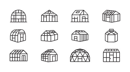 Diverse greenhouse designs icons set simple outline drawings for gardening and agriculture concepts vector
