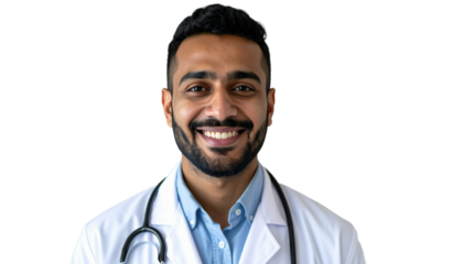 Positive attractive Indian doctor in white uniform coat and stethoscope head shot portrait on transparent background.