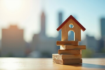 Miniature House Perched on Property Tax Blocks with City Skyline in the Background