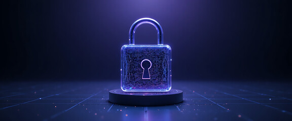 Dark minimalism, central digital 3D lock in shimmering glass, gradient violet-blue backdrop with faint network grids.