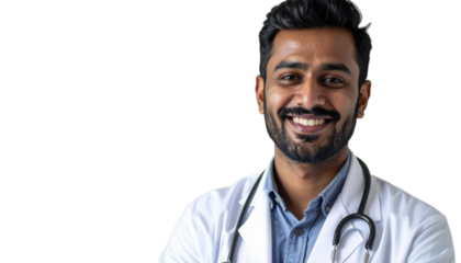 Positive attractive Indian doctor in white uniform coat and stethoscope head shot portrait on transparent background.