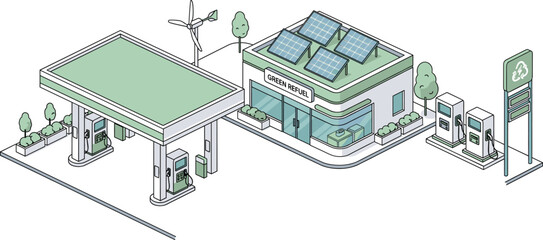 Fototapeta premium Isometric eco-friendly fuel station with EV chargers, solar panels, wind turbine — sustainable energy infrastructure vector in modern urban style