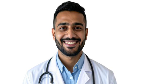Positive attractive Indian doctor in white uniform coat and stethoscope head shot portrait on transparent background.