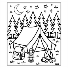 Camping Tent Coloring Page Vector, Outdoor Adventure Campfire Scene for Kids, Campfire Coloring Book Page, Forest Tent Night Sky Printable Vector, Backpacking Camping Coloring Sheet.