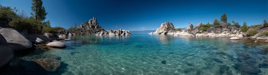 Fototapeta premium Exported hdr 360-degree panoramic scene of azure waters at scenic lake nature bright environment