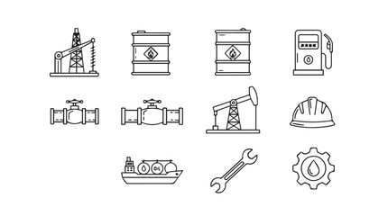 Collection of industrial and energy icons oil gas mining energy production equipment tools and safety gear vector