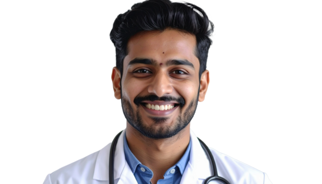 Positive attractive Indian doctor in white uniform coat and stethoscope head shot portrait on transparent background.