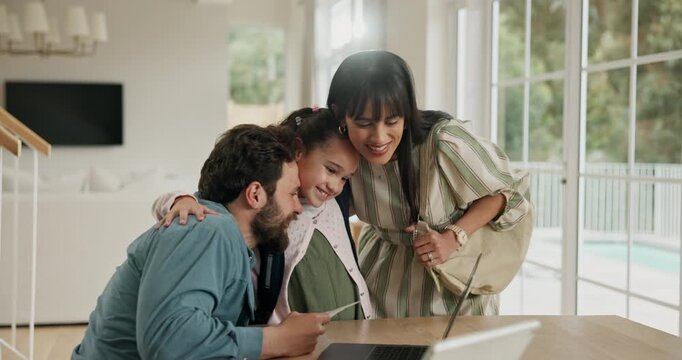 Document, father and kid with high five for report with hug, academic results and GPA excellence. Happy family, parents or student with celebration in home for good grades, pride or education success