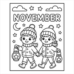 November Coloring Page for Kids ,Cute Autumn Children Lantern Illustration Vector
Autumn November Coloring Book Page, Cute Kids with Lanterns Outline Vector, Printable November Coloring Page.