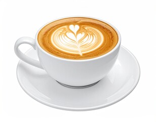 Latte in white cup, intricate foamed design on top, saucer, isolated on white