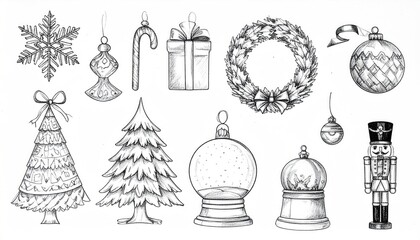 Pen-and-ink sketches of winter holiday decorations and seasonal ornaments