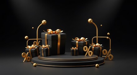 Black and gold gift boxes with discount symbols — elegant holiday shopping promotion