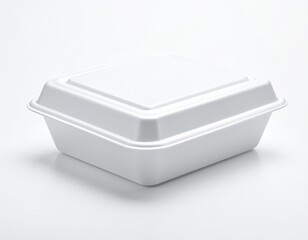 A white, square, clamshell container, closed, on a white background