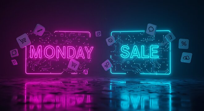 Neon cyber Monday sale glowing text with futuristic icons — digital shopping promo - Powered by Adobe