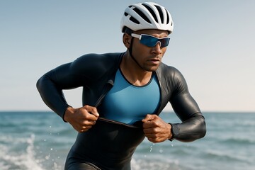 Athlete in wetsuit emerging from ocean during triathlon, wearing helmet and sunglasses, captured in natural light with ocean background. Ai generative