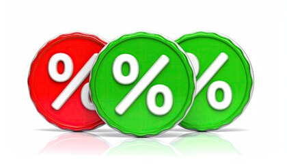 Three colored circles with the percentage sign inside them, on a white background
