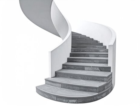 A grey stone spiral staircase curving upwards against a white background - Powered by Adobe